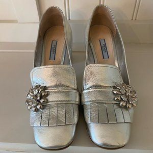 Prada Silver Heeled Loafers